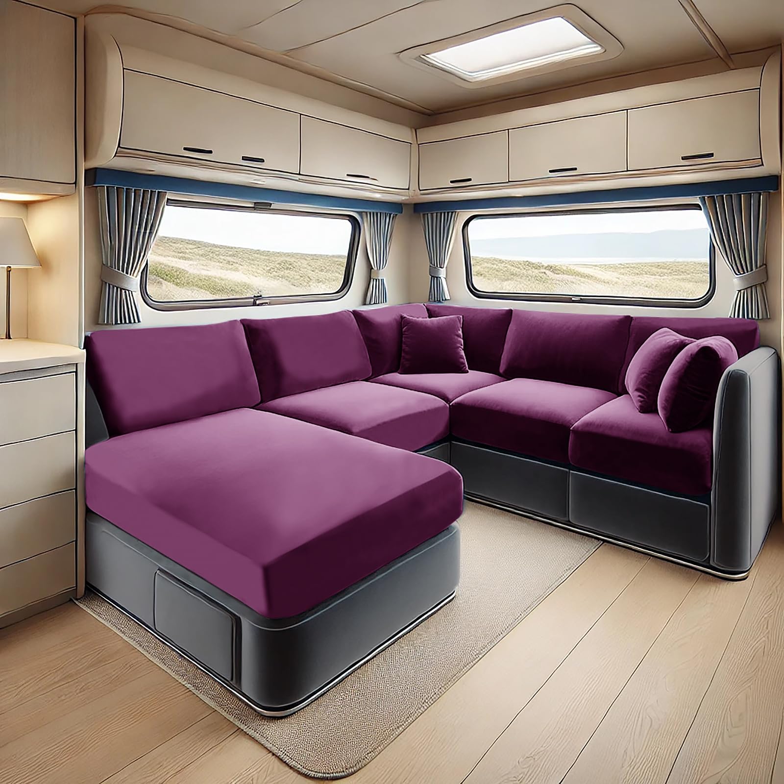 SYLC Samt Bezüge Für Wohnwagenpolster, rutschfeste Wohnmobil Sitzbezüge Mit 2 Cord, Sofa Sitzkissenbezug Für Schonbezug Wohnwagen Polster (Purple,Rectangle 5XL) von SYLC