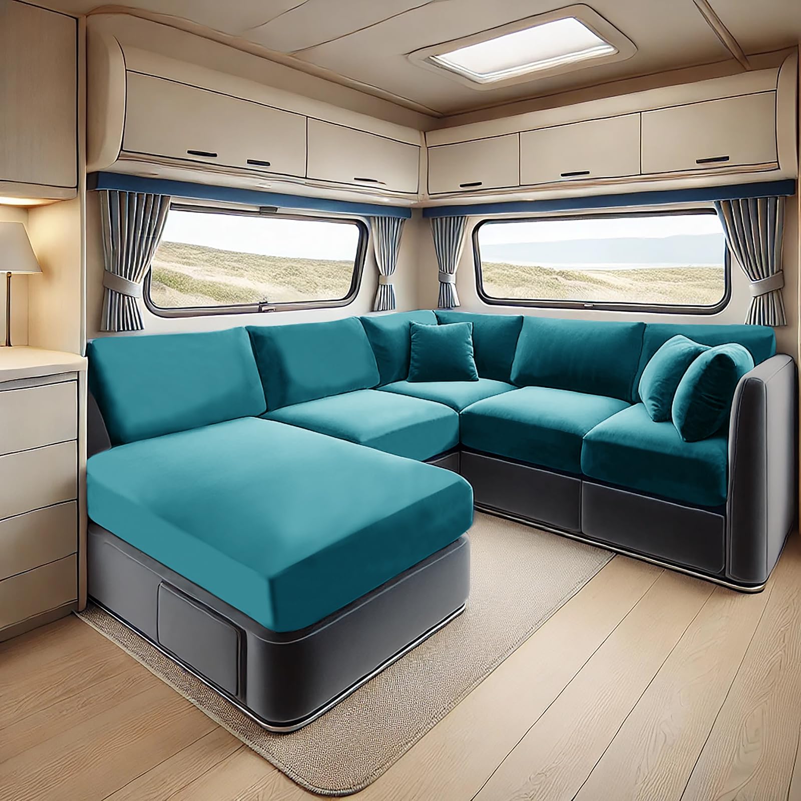 SYLC Samt Bezüge Für Wohnwagenpolster, rutschfeste Wohnmobil Sitzbezüge Mit 2 Cord, Sofa Sitzkissenbezug Für Schonbezug Wohnwagen Polster (Teal,Rectangle 2XL) von SYLC