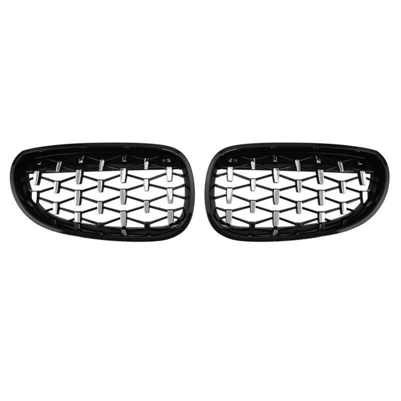 Frontstoßstangengrill Für E60 E61 550i 535i 2004–2009, Diamantgitter, Auto-Frontstoßstangengrill, Nieren-Racing-Grill, Rahmengrills Nebelscheinwerfer Gitter(Black Silver) von SYLTER