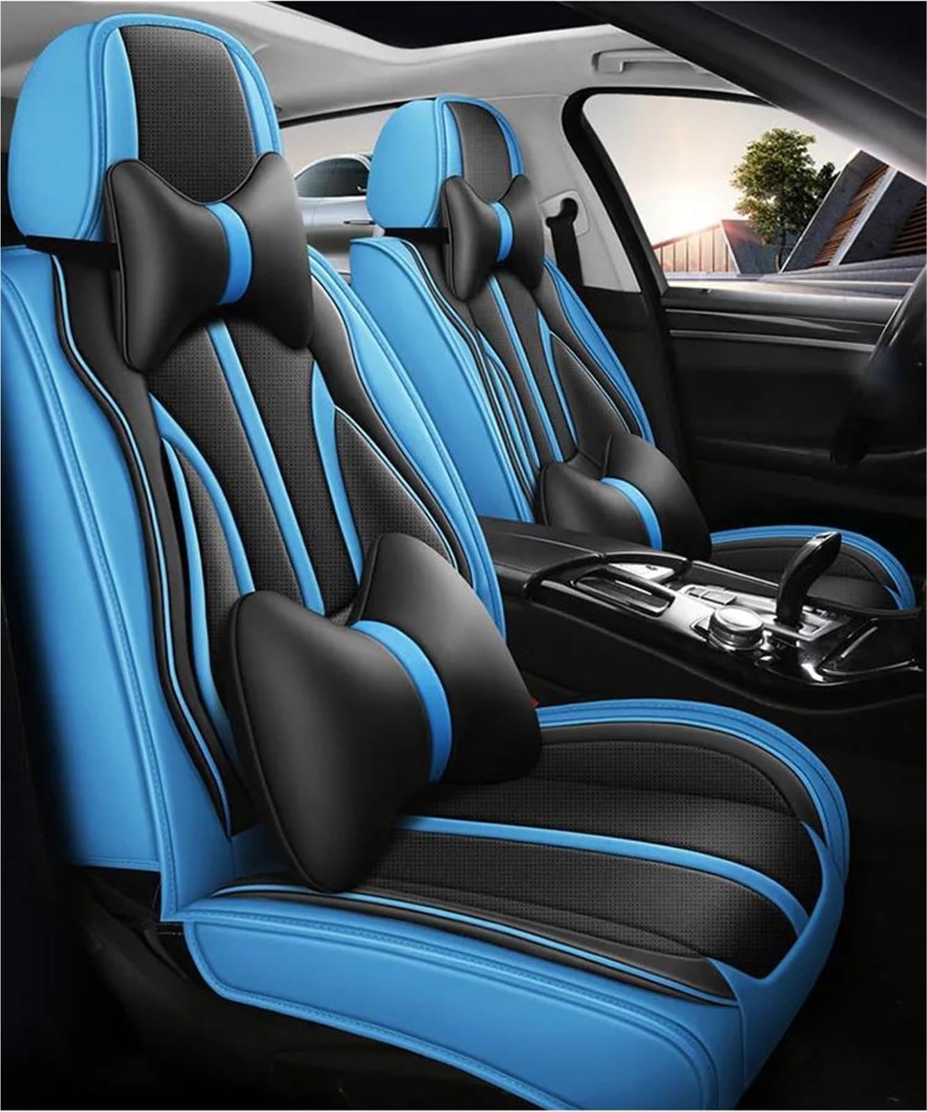 SYLTER Sitzbezüge Auto Atmungsaktives Leder Autositzbezug Komplettset für E39 F40 F44 I3 X5 X3 G20 Autozubehör Vordersitzbezüge(Blue+Pillow) von SYLTER