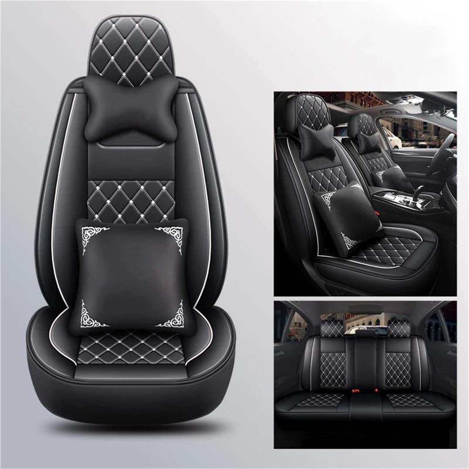 SYLTER Sitzbezüge Auto Leder Autositzbezug Capes für Chevy für Captiva für Onix für Cruze für Orlando für Sail für Sonic Auto Full Set Zubehör Vordersitzbezüge(White+Cushion) von SYLTER