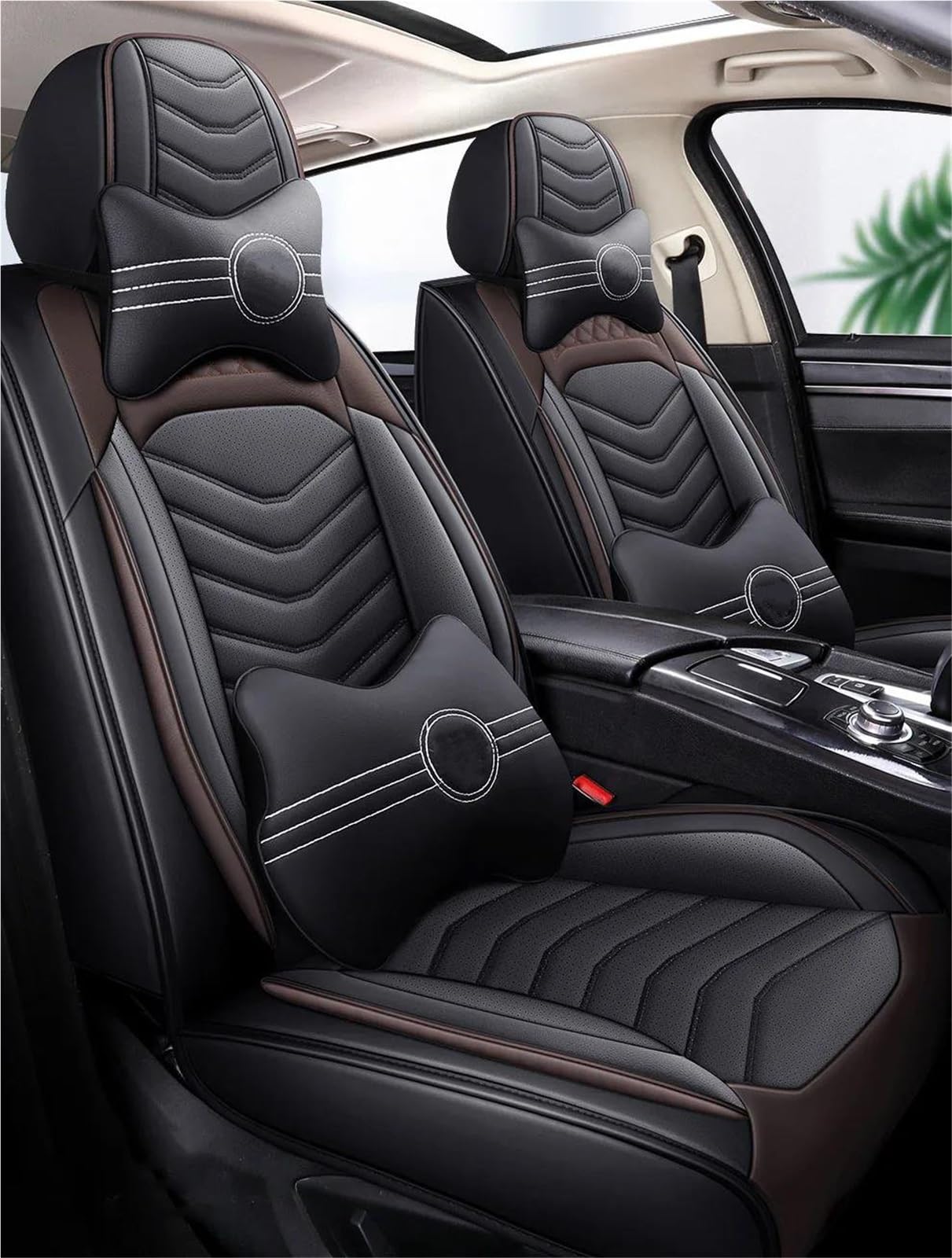 Sitzbezüge Auto Leder-Autositzbezug für Peugeot 307 SW 208, Zubehör, Innenausstattung, komplettes Set Vordersitzbezüge(Coffee+Pillow) von SYLTER