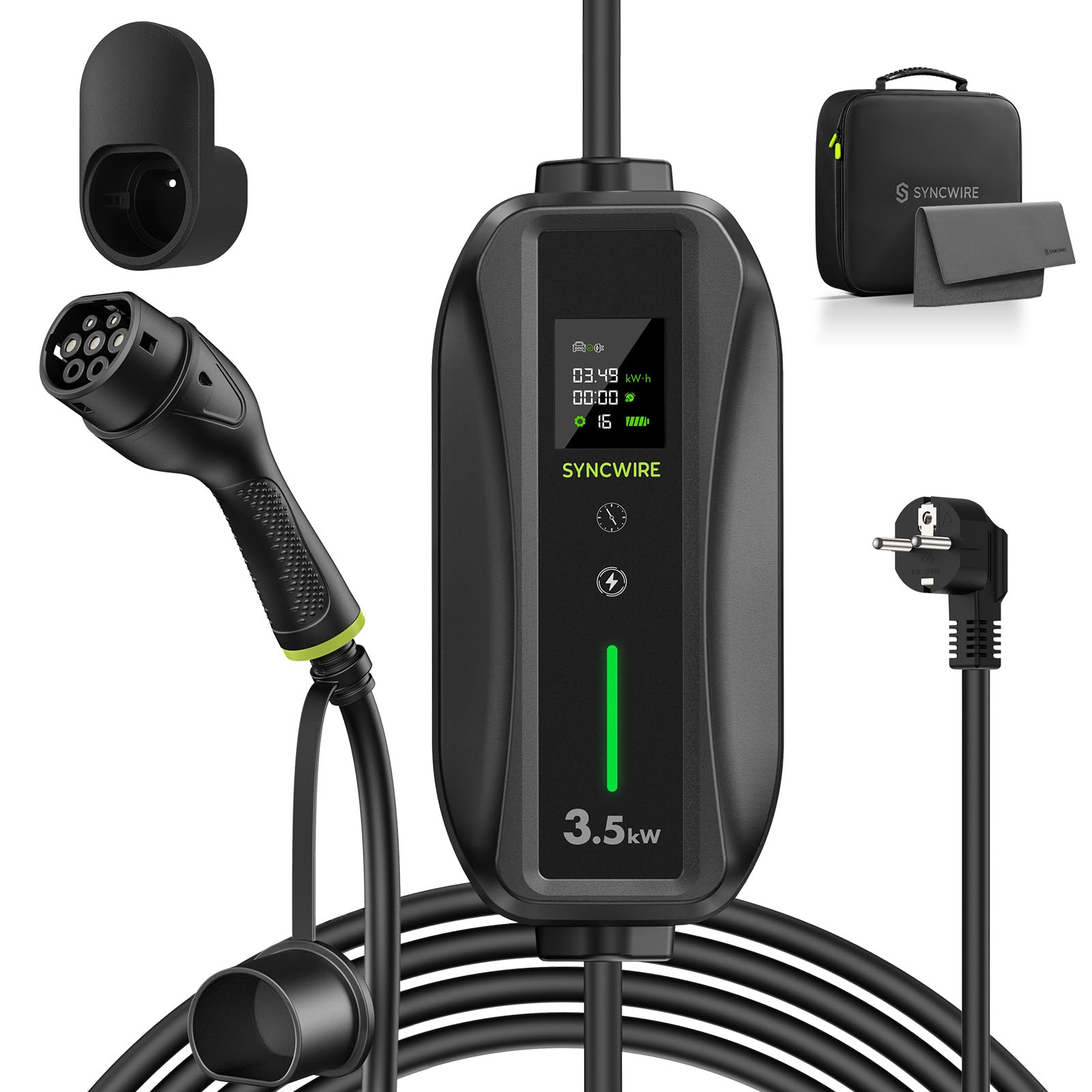 SYNCWIRE Typ 2 Ladekabel Schuko Elektroauto 7,5m Tragbare EV Charger 6/8/10/13/16A Einstellbare Strom Mobile Ladestation E Auto, LCD-Display, IP65 wasserdichte Wallbox, Kabelhalterung, Tragetasche von SYNCWIRE