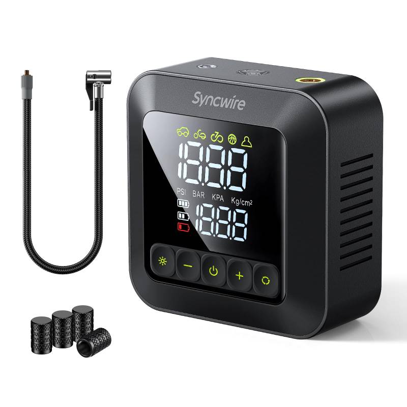 Syncwire Tragbarer Luftkompressor Mini Reifenpumpe 10.35Bar - 3X Schnellere Elektrische Luftpumpe Autoreifenpumpe Car Inflator für Mehrere Modi, mit Ventilkappen für Autoreifen, Extra-großes LCD von SYNCWIRE