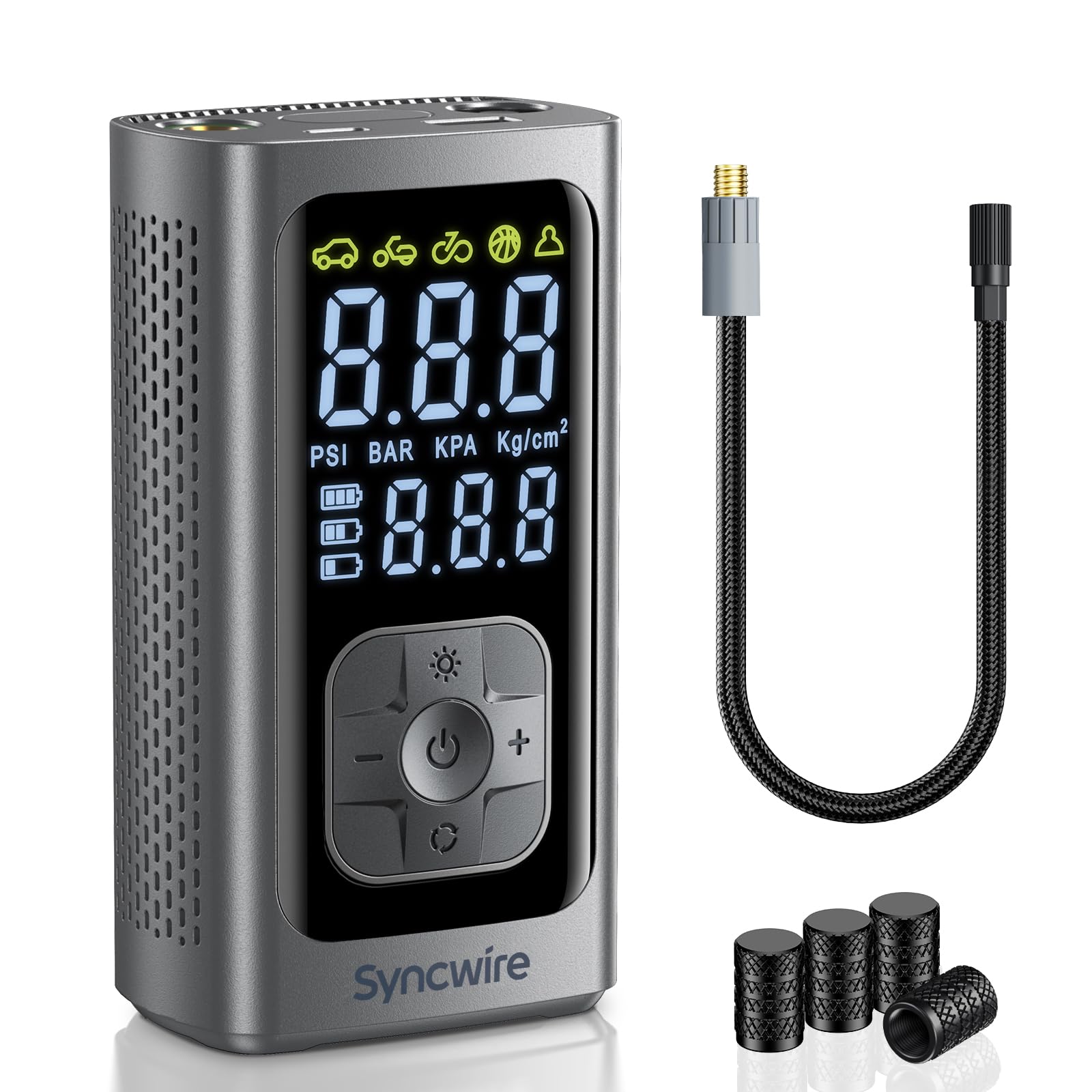 Syncwire Tragbarer Luftkompressor Mini Reifenpumpe - 10.35Bar Schnellere Elektrische Luftpumpe Autoreifenpumpe Car Inflator für Auto, Motorrad, Fahrrad & Bälle, mit Ventilkappen für Reifen, Großes LCD von SYNCWIRE