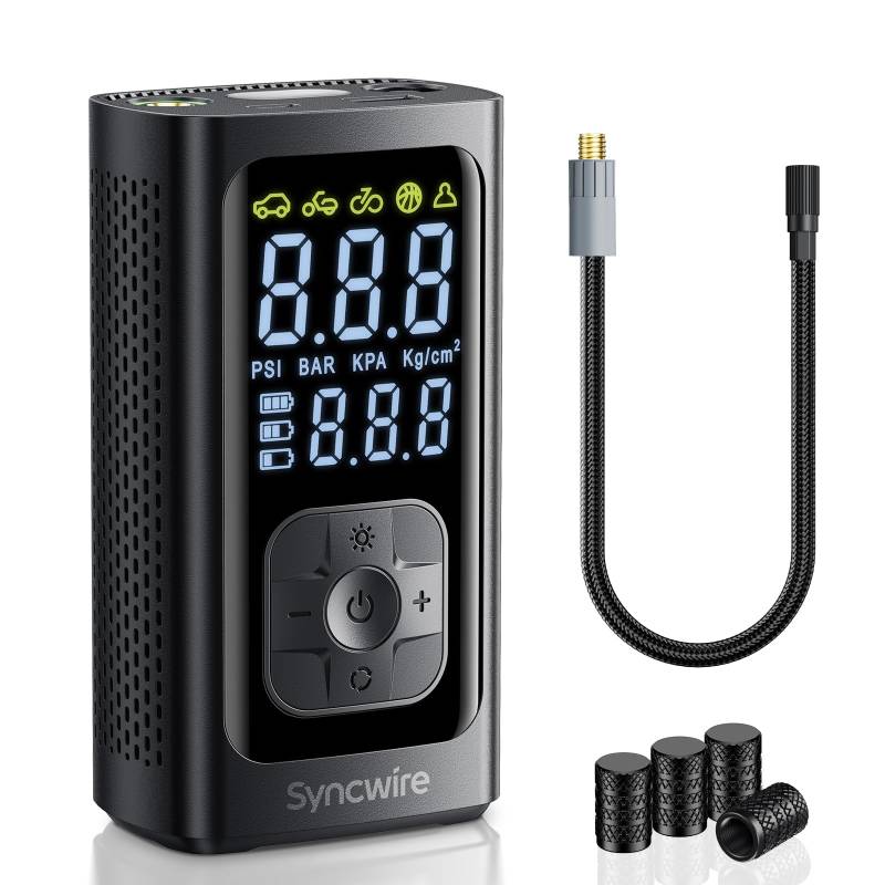 Syncwire Tragbarer Luftkompressor Mini Reifenpumpe - 10.35Bar Schnellere Elektrische Luftpumpe Autoreifenpumpe Car Inflator für Auto, Motorrad, Fahrrad & Bälle, mit Ventilkappen für Reifen, Großes LCD von SYNCWIRE