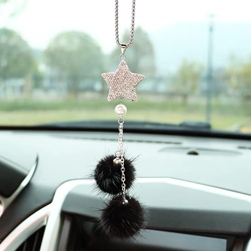 Auto Rückspiegel Anhänger,Auto Rückspiegel Ornament Pentagramm Bling Kristall Diamant Auto Rückspiegel Dekoration Plüschkugel zum Aufhängen Auto hängende Bling Zubehör Lustig Geschenke -Schwarz von SYSUII