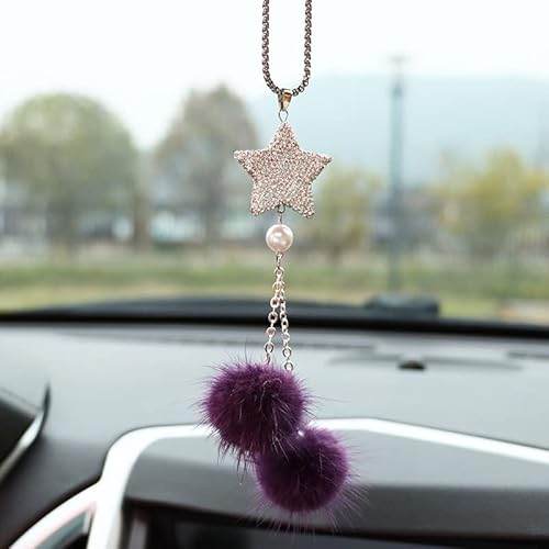 Auto Rückspiegel Anhänger,Auto Rückspiegel Ornament Pentagramm Bling Kristall Diamant Auto Rückspiegel Dekoration Plüschkugel zum Aufhängen Auto hängende Bling Zubehör Lustig Geschenke -Lila von SYSUII