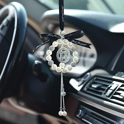 Auto Rückspiegel Ornament, Krawatte Perle Diamant Auto Rückspiegel Charm Bling Auto Innen Hängende Anhänger Autospiegel zum Aufhängen Auto Innenausstattung Auto Dekoration für Damen Herren,Diamant von SYSUII