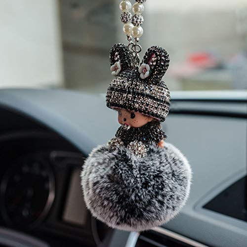 Auto Rückspiegel Ornament,Bling Strass Rückspiegel Anhänger Süße Puppe Plüsch Ball Auto Hängende Anhänger Niedlich Auto Spiegel Anhänger Auto Innen Dekoration Geschenke für Frauen Männer-Grau von SYSUII