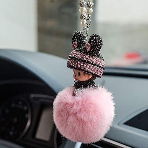 Auto Rückspiegel Ornament,Bling Strass Rückspiegel Anhänger Süße Puppe Plüsch Ball Auto Hängende Anhänger Niedlich Auto Spiegel Anhänger Auto Innen Dekoration Geschenke für Frauen Männer-Rosa von SYSUII