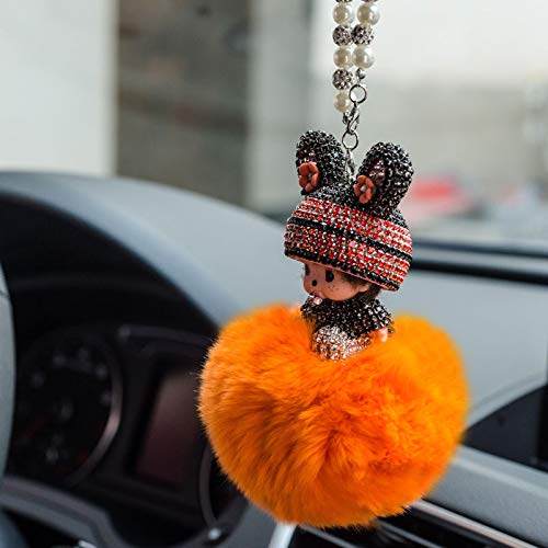 Auto Rückspiegel Ornament,Bling Strass Rückspiegel Anhänger Süße Puppe Plüsch Ball Auto Hängende Anhänger Niedlich Auto Spiegel Anhänger Auto Innen Dekoration Geschenke für Frauen Männer-Orange von SYSUII