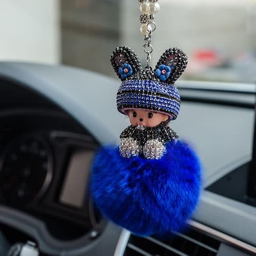 Auto Rückspiegel Ornament,Bling Strass Rückspiegel Anhänger Süße Puppe Plüsch Ball Auto Hängende Anhänger Niedlich Auto Spiegel Anhänger Auto Innen Dekoration Geschenke für Frauen Männer-Lila #2 von SYSUII