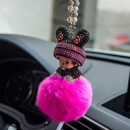 Auto Rückspiegel Ornament,Bling Strass Rückspiegel Anhänger Süße Puppe Plüsch Ball Auto Hängende Anhänger Niedlich Auto Spiegel Anhänger Auto Innen Dekoration Geschenke für Frauen Männer-Rose von SYSUII