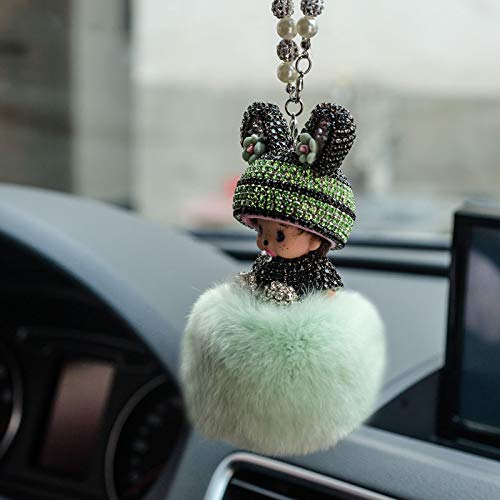 Auto Rückspiegel Ornament,Bling Strass Rückspiegel Anhänger Süße Puppe Plüsch Ball Auto Hängende Anhänger Niedlich Auto Spiegel Anhänger Auto Innen Dekoration Geschenke für Frauen Männer-Grün von SYSUII