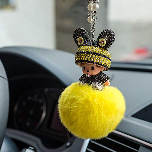 Auto Rückspiegel Ornament,Bling Strass Rückspiegel Anhänger Süße Puppe Plüsch Ball Auto Hängende Anhänger Niedlich Auto Spiegel Anhänger Auto Innen Dekoration Geschenke für Frauen Männer-Gelb von SYSUII