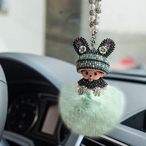 Auto Rückspiegel Ornament,Bling Strass Rückspiegel Anhänger Süße Puppe Plüsch Ball Auto Hängende Anhänger Niedlich Auto Spiegel Anhänger Auto Innen Dekoration Geschenke für Frauen Männer-Blau #2 von SYSUII