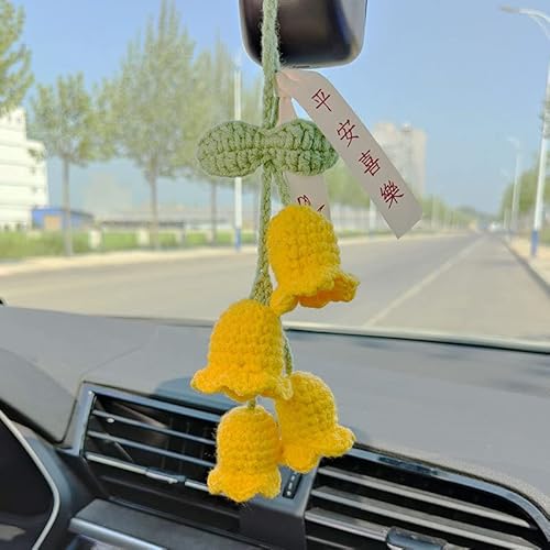 Autospiegel Anhänger,Handgefertigt Gestrickt Blumen Auto Hängende Ornament für Auto Rückspiegel Dekor Auto Zubehör zum Aufhängen Innenraum Deko Charms Auto Spiegel Anhänger Zubehör für Frauen & Männer von SYSUII