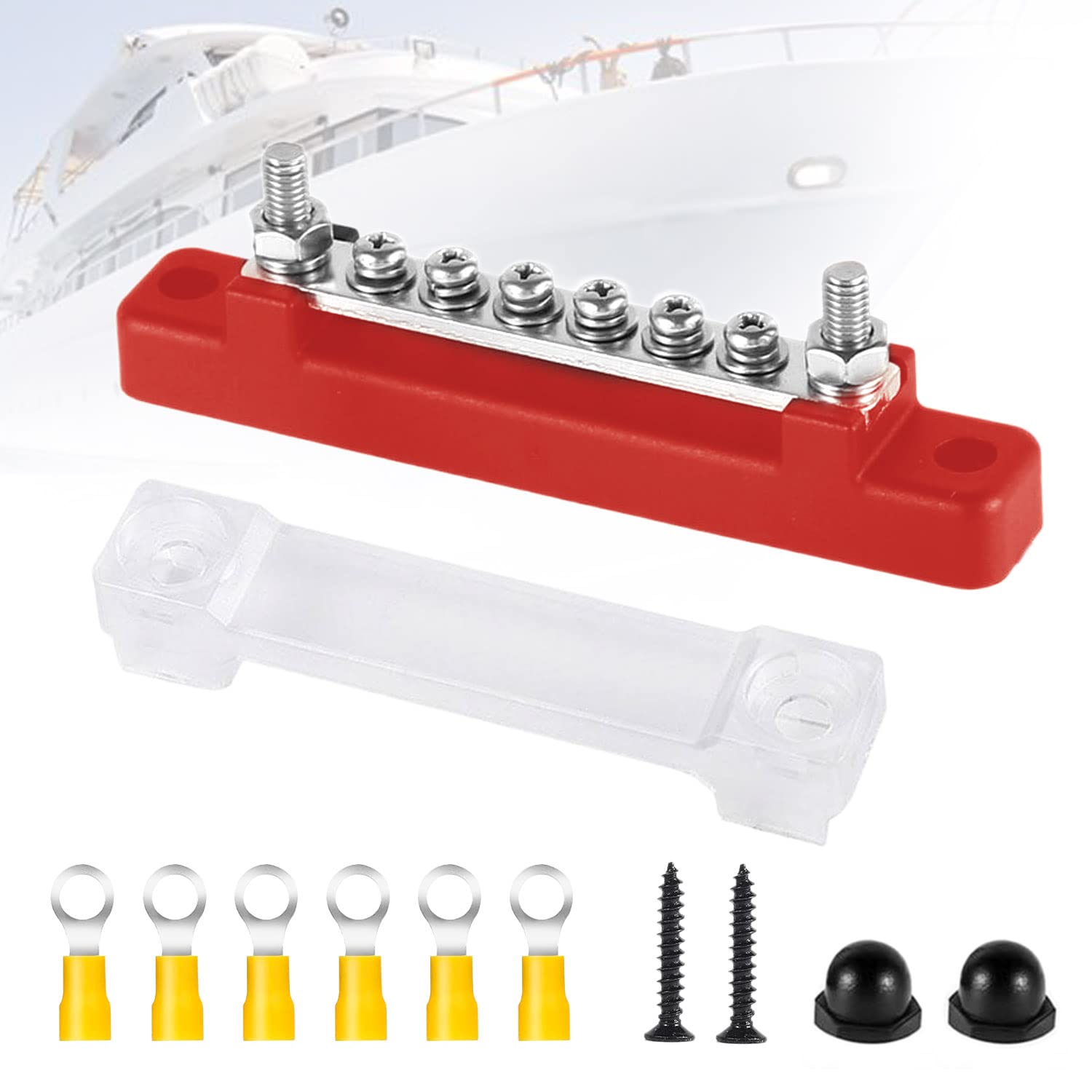 SYULCR 6 polige Sammelschiene Verteilerblock, Einreihige Sammelschiene 150A Sammelschienenblock mit Abdeckung, Verteilerblock, Sammelschienen-Schraubklemme, Busbar für LKW, Bus, Boot (Rot) von SYULCR