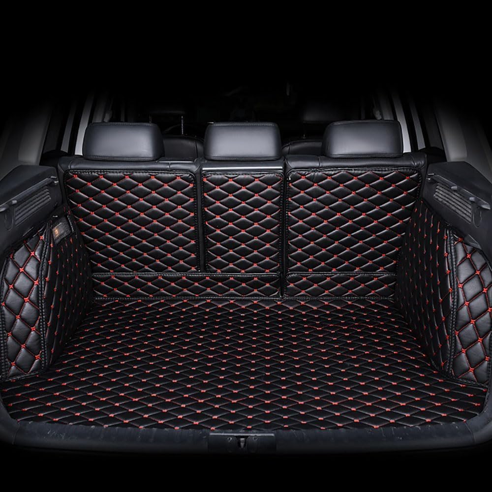 Voller Surround Auto Leder Kofferraummatten für Mitsubishi Outlander Phev Speaker on Left 2018-2020, Cargo Teppich Kratzfest rutschfest Kofferraum Schutzmatten Zubehör,Black-Red von SZFCL