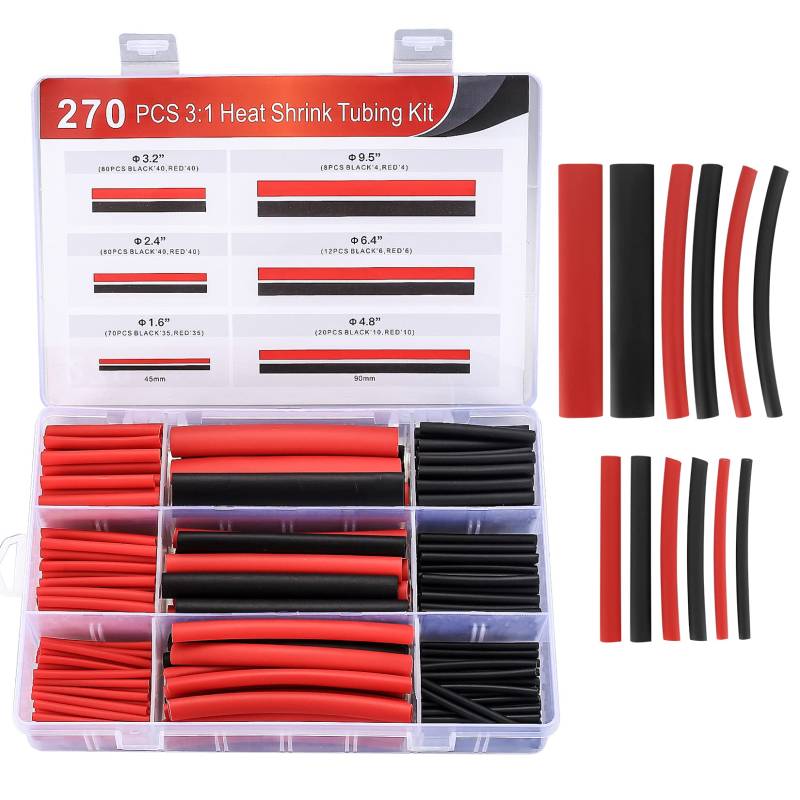 270 Stück Schrumpfschlauche Sortiment Set, Kabel Reparaturset Isolierschlauch 3:1 Schrumpfverhältnis Heat Shrink Tube mit Kleber und Doppelwand für Kabel, DIY Werkzeug Set - Schwarz, Rot von SZJYG