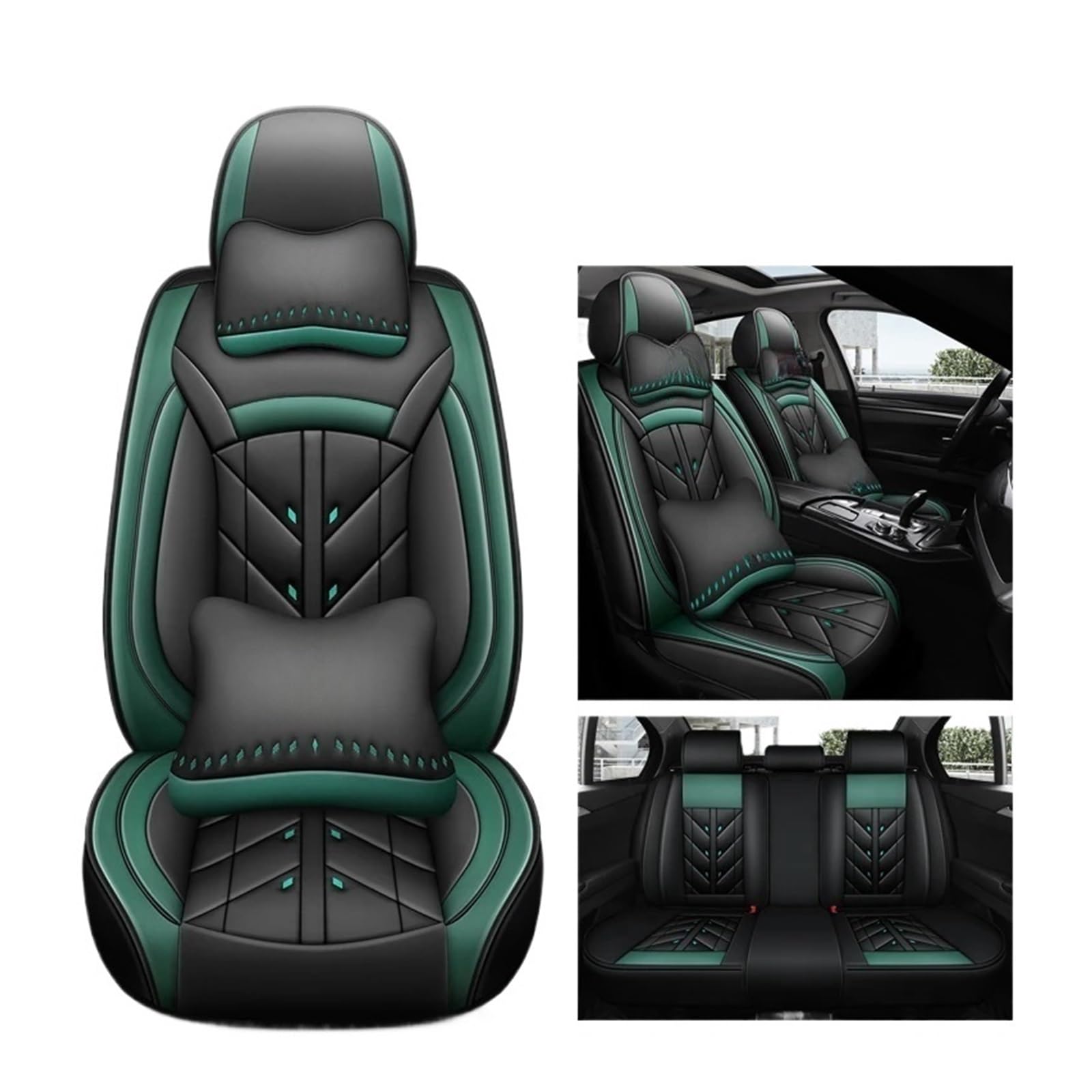 SaDity Universeller Autositzbezug kompatibel for Nissan alle Modelle Qashqai Juke Leaf Armada Altima Cube Dualis Tiida Bluebird Zubehör Innenausstattung(Black Green 5 Seats 02) von SaDity