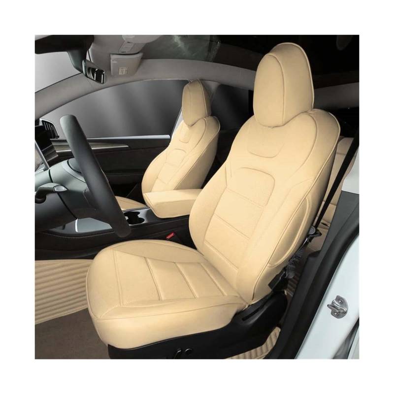 Sitzbezug aus Nappaleder, kompatibel mit Tesla Model 3 Y, halber Set-Stil, weißes Kissen, Auto-Innenzubehör(2017-2023 Model 3,BEIGE_Full Surround_Front 2 Seats Cover) von SaDity