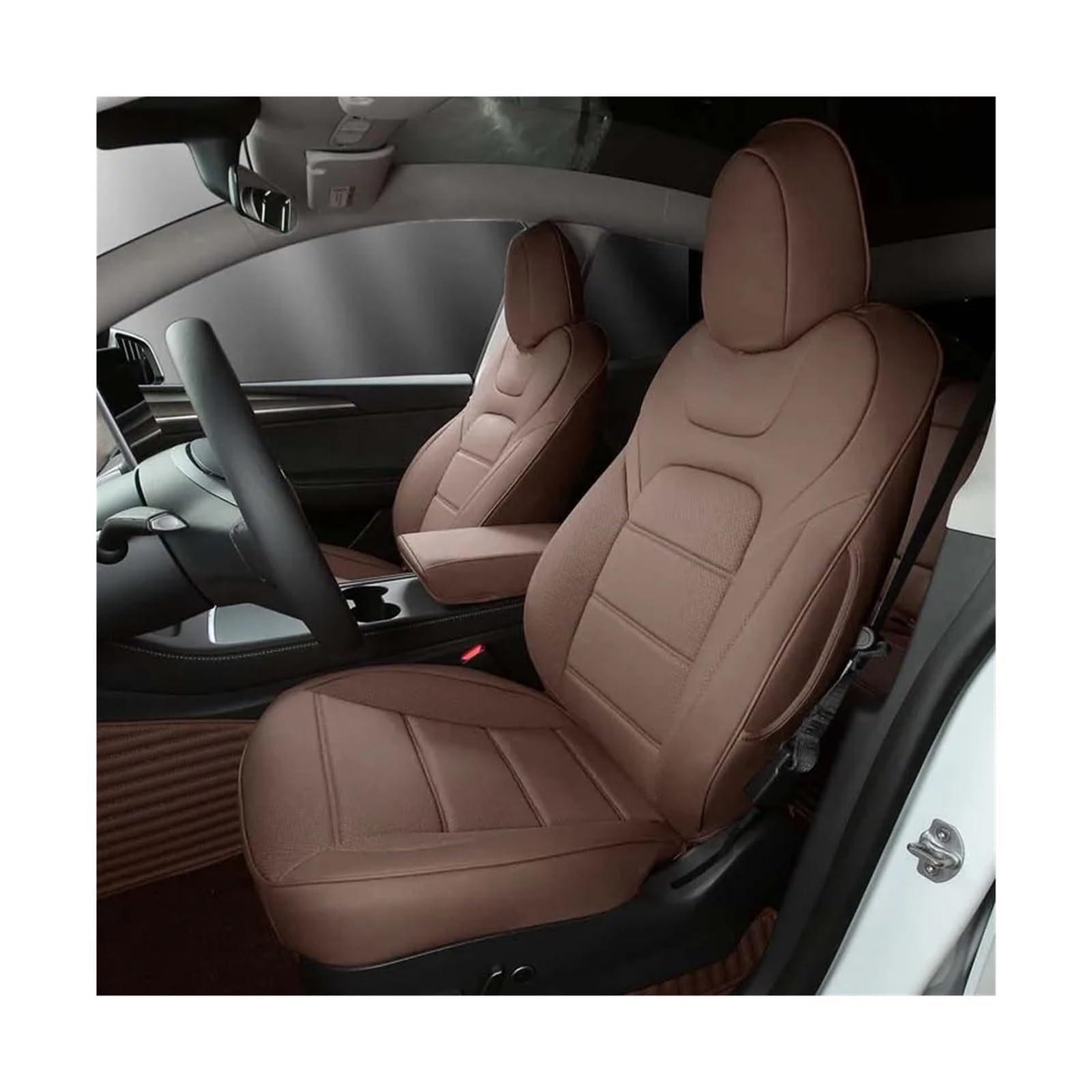 Sitzbezug aus Nappaleder, kompatibel mit Tesla Model 3 Y, halber Set-Stil, weißes Kissen, Auto-Innenzubehör(2017-2023 Model 3,Coffee_Full Surround_Rear 3 Seats Cover) von SaDity