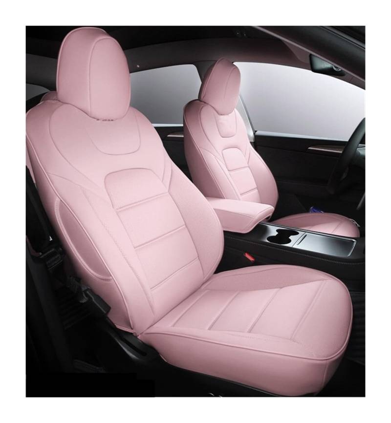 Sitzbezug aus Nappaleder, kompatibel mit Tesla Model 3 Y, halber Set-Stil, weißes Kissen, Auto-Innenzubehör(Model Y,PINK_Full Surround_Rear 3 Seats Cover) von SaDity