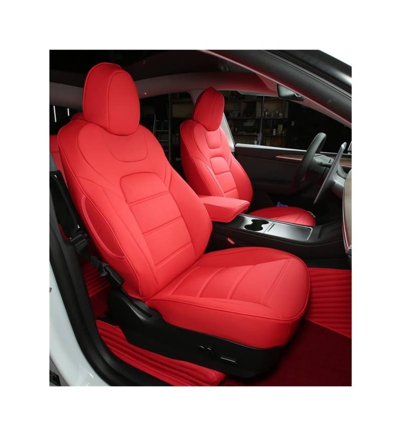 Sitzbezug aus Nappaleder, kompatibel mit Tesla Model 3 Y, halber Set-Stil, weißes Kissen, Auto-Innenzubehör(Model Y,RED_Full Surround_Front 2 Seats Cover) von SaDity