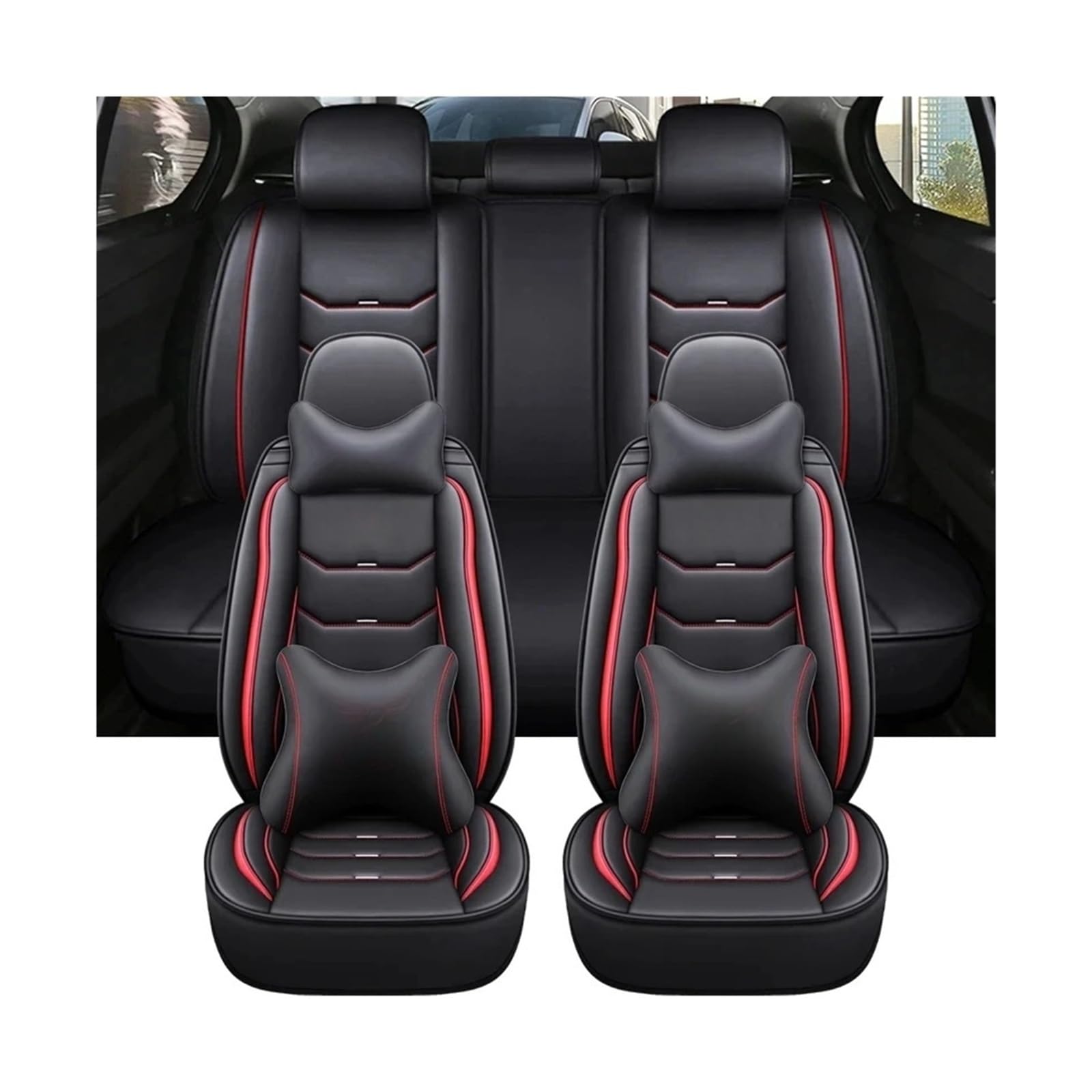 Universeller Autositzbezug aus Leder, kompatibel mit Peugeot alle Modelle 4008 RCZ 308 508 301 3008 206 307 207 2008 408 5008 607(Black red Pillow) von SaDity