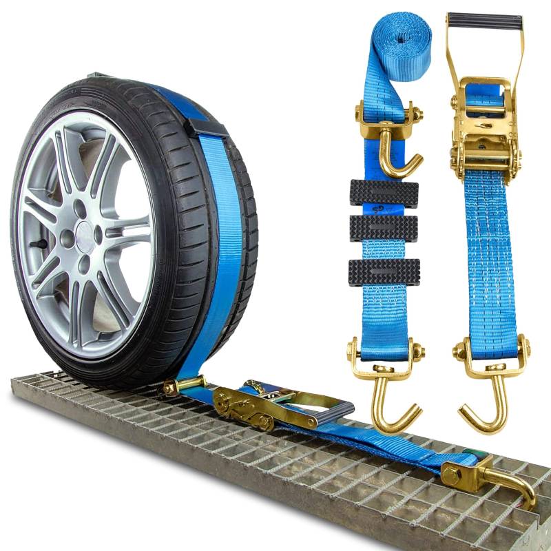 Safetytex Spanngurt Autotransport 4 Stück - 50mm Auto Radsicherung - Zurrgurt mit 3 Distanzhalter - Sicherer Transport von Fahrzeugen - Reifengurt für PKW Trailer KFZ von Safetytex