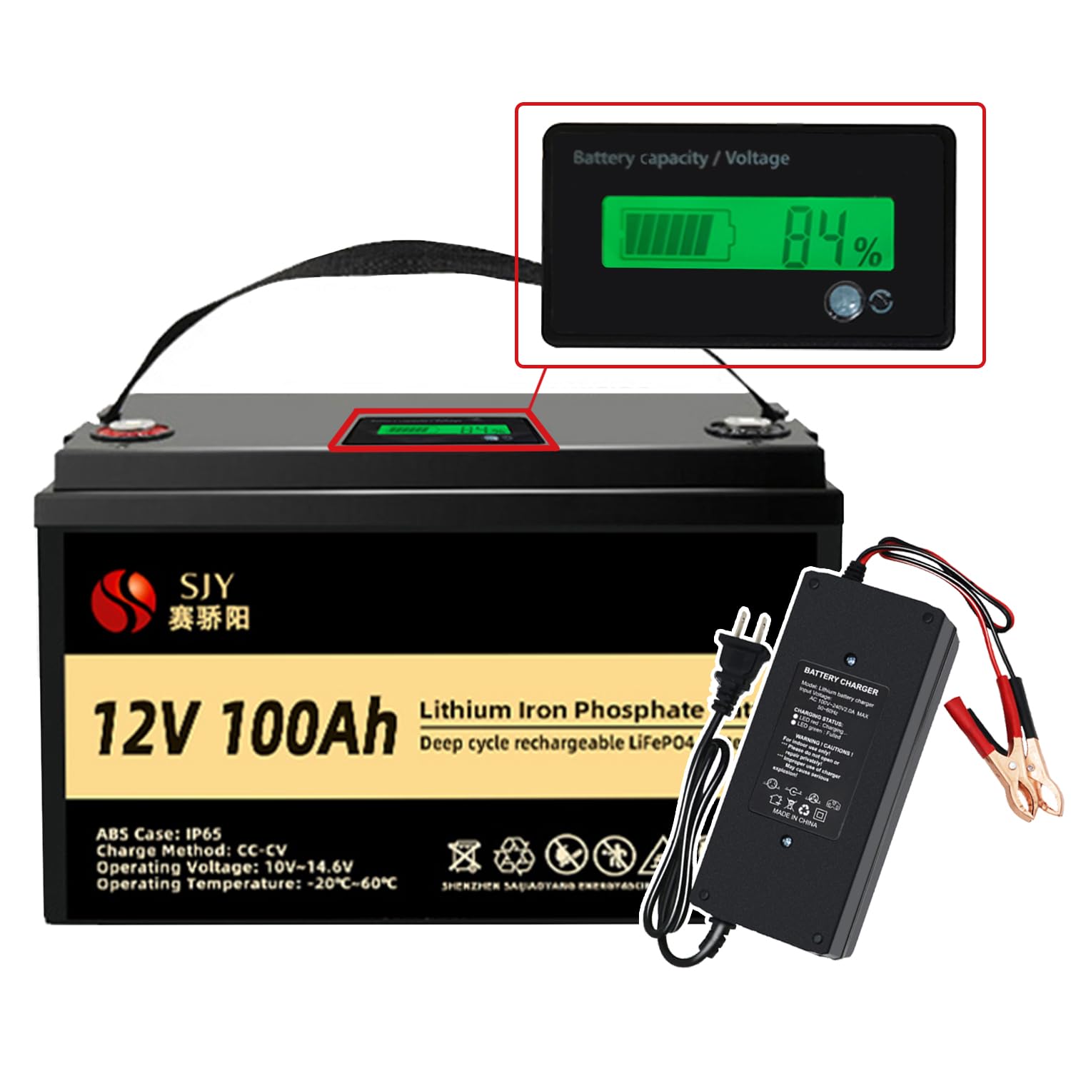 SaiJiaoYang 12V 100AH LiFePO4 Lithium Batterie und Ladegerät, eingebauter aktiver Equalizer, BMS mit Bluetooth, Monitoranzeige 5000+Lebenszyklen und 10+Jahren Lebensdauer für Wohnmobil, Energie: von SaiJiaoYang