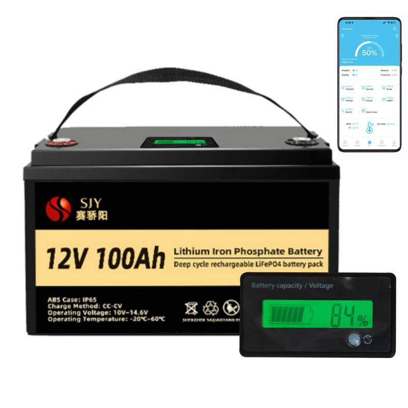 SaiJiaoYang 12V 100AH LiFePO4 Lithium Batterie und Ladegerät, eingebauter aktiver Equalizer, BMS mit Bluetooth, Monitoranzeige 5000+Lebenszyklen und 10+Jahren Lebensdauer für Wohnmobil, Energie: von SaiJiaoYang