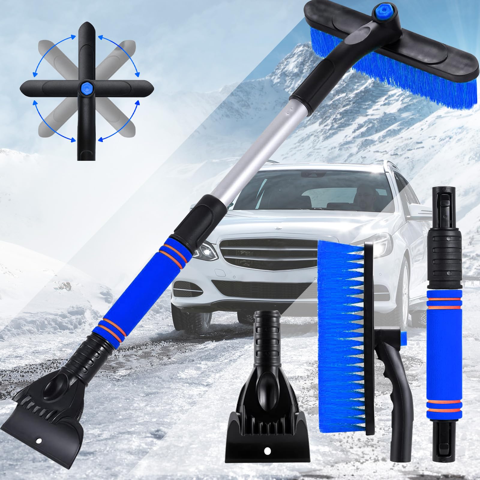 SaiXuan Eiskratzer Auto mit Besen, 360° Drehbarer Bürstenkopf, Teleskopgriff (56-73 cm), Zerlegbar für Einfache Lagerung, Winterreinigung mit Auto Schneebesen und Eiskratzer für SUV und LKW (Blau) von SaiXuan