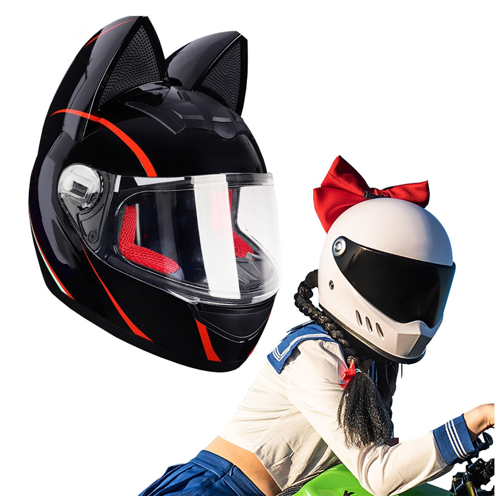 Full Face Motorradhelme mit Katze Ohren ECE Genehmigt Adult Flip up Visiere Motocross Helm Fullface Helm Klapphelm Geschlossenen Katzenohren, für Damen Vollvisierhelm(Color:AA,Size:XL(60-62CM)) von Salagt