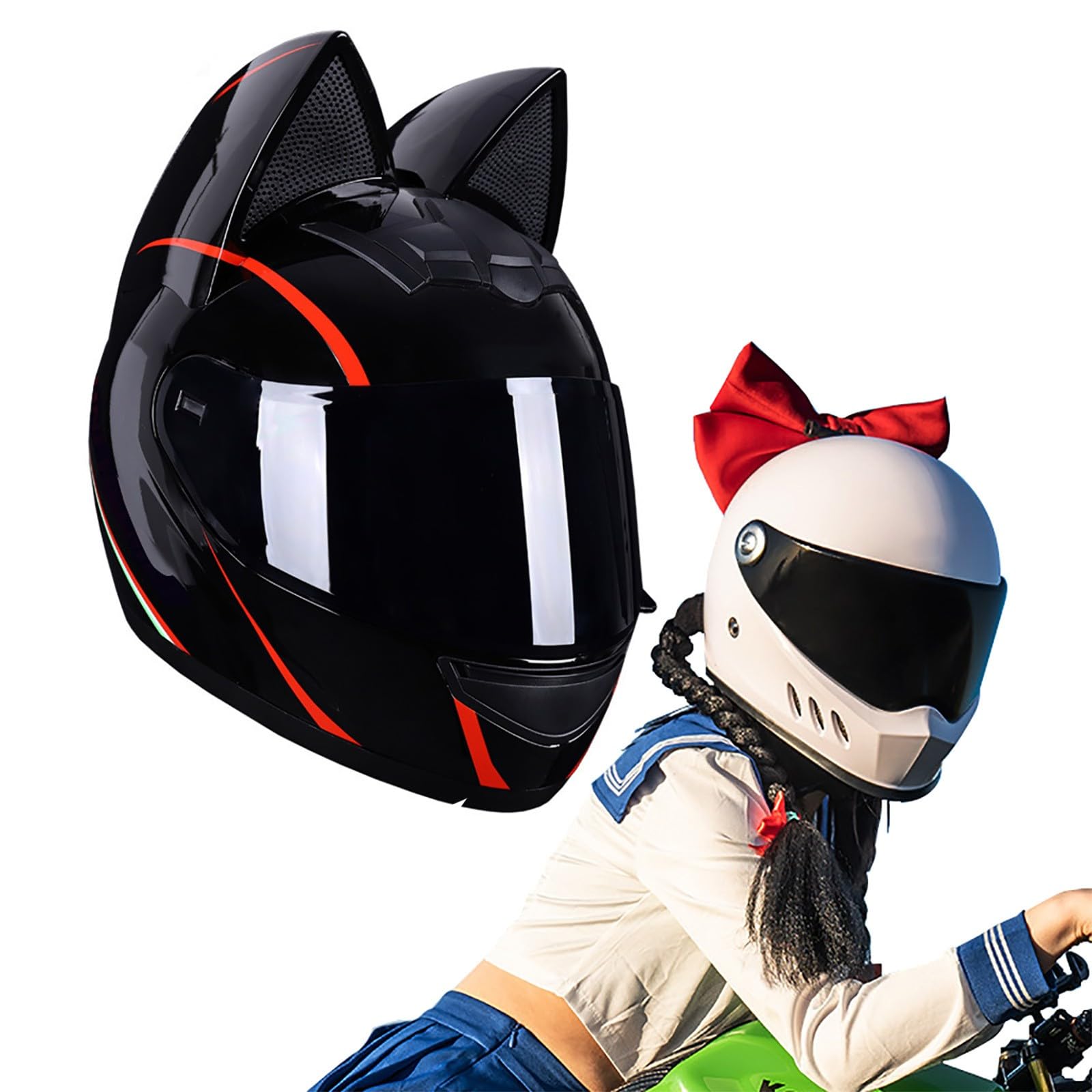 Full Face Motorradhelme mit Katze Ohren ECE Genehmigt Adult Flip up Visiere Motocross Helm Fullface Helm Klapphelm Geschlossenen Katzenohren, für Damen Vollvisierhelm(Color:AB,Size:XL(60-62CM)) von Salagt