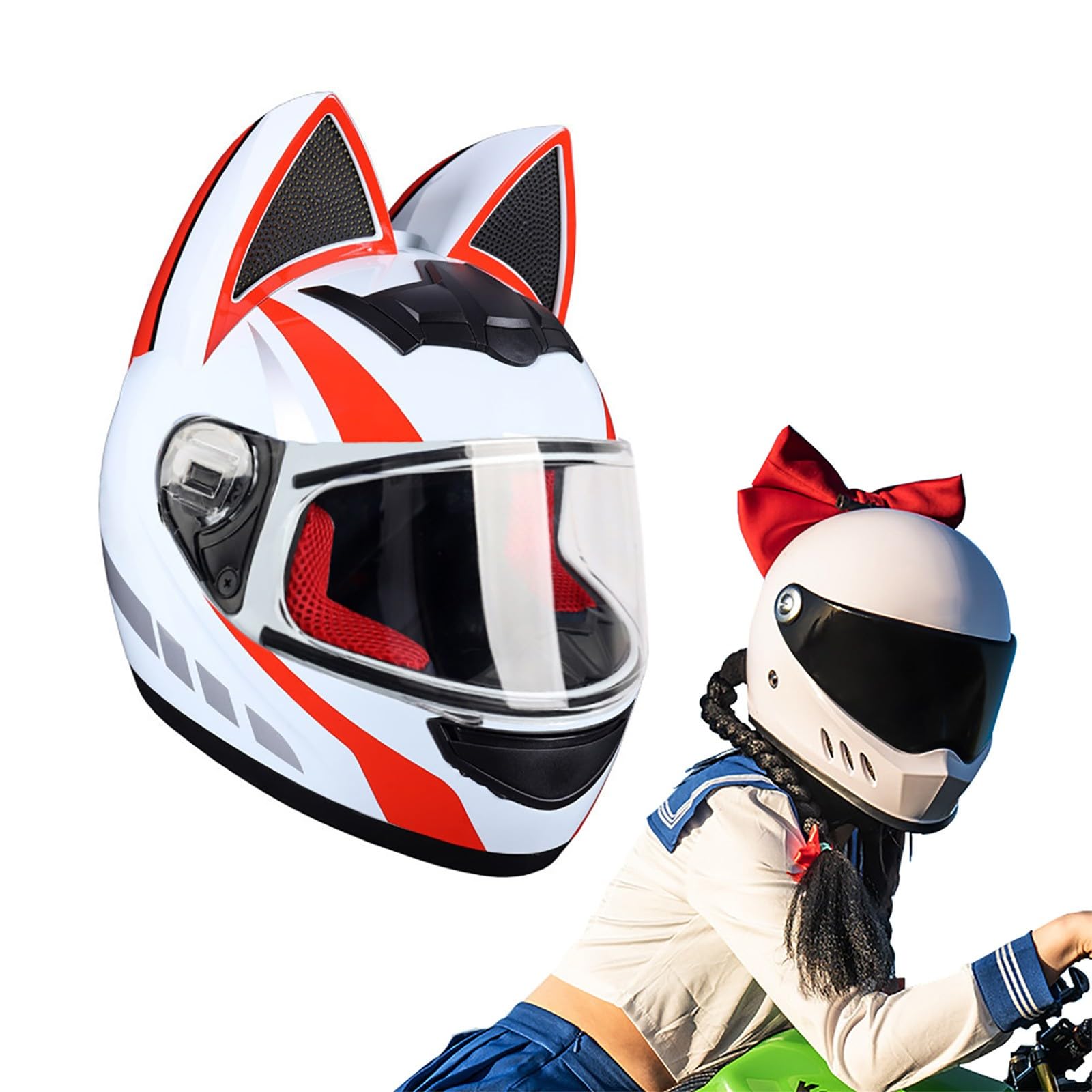 Full Face Motorradhelme mit Katze Ohren ECE Genehmigt Adult Flip up Visiere Motocross Helm Fullface Helm Klapphelm Geschlossenen Katzenohren, für Damen Vollvisierhelm(Color:AE,Size:S(50-53CM)) von Salagt