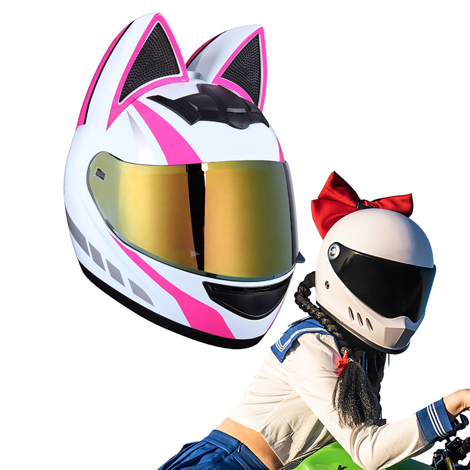 Full Face Motorradhelme mit Katze Ohren ECE Genehmigt Adult Flip up Visiere Motocross Helm Fullface Helm Klapphelm Geschlossenen Katzenohren, für Damen Vollvisierhelm(Color:AG,Size:L(57-59CM)) von Salagt