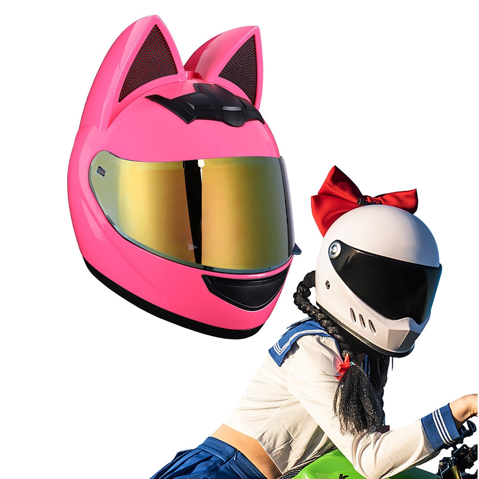 Full Face Motorradhelme mit Katze Ohren ECE Genehmigt Adult Flip up Visiere Motocross Helm Fullface Helm Klapphelm Geschlossenen Katzenohren, für Damen Vollvisierhelm(Color:B,Size:XL(60-62CM)) von Salagt