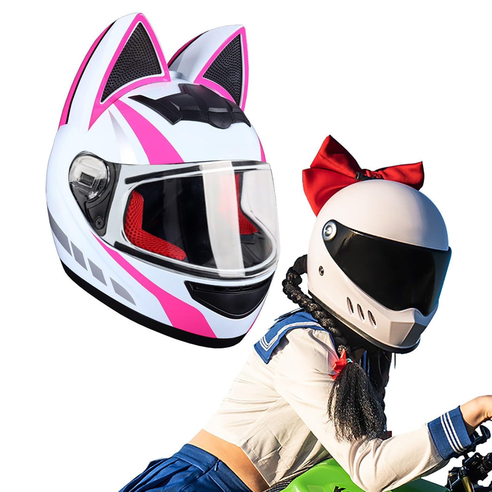 Full Face Motorradhelme mit Katze Ohren ECE Genehmigt Adult Flip up Visiere Motocross Helm Fullface Helm Klapphelm Geschlossenen Katzenohren, für Damen Vollvisierhelm(Color:BB,Size:XL(60-62CM)) von Salagt