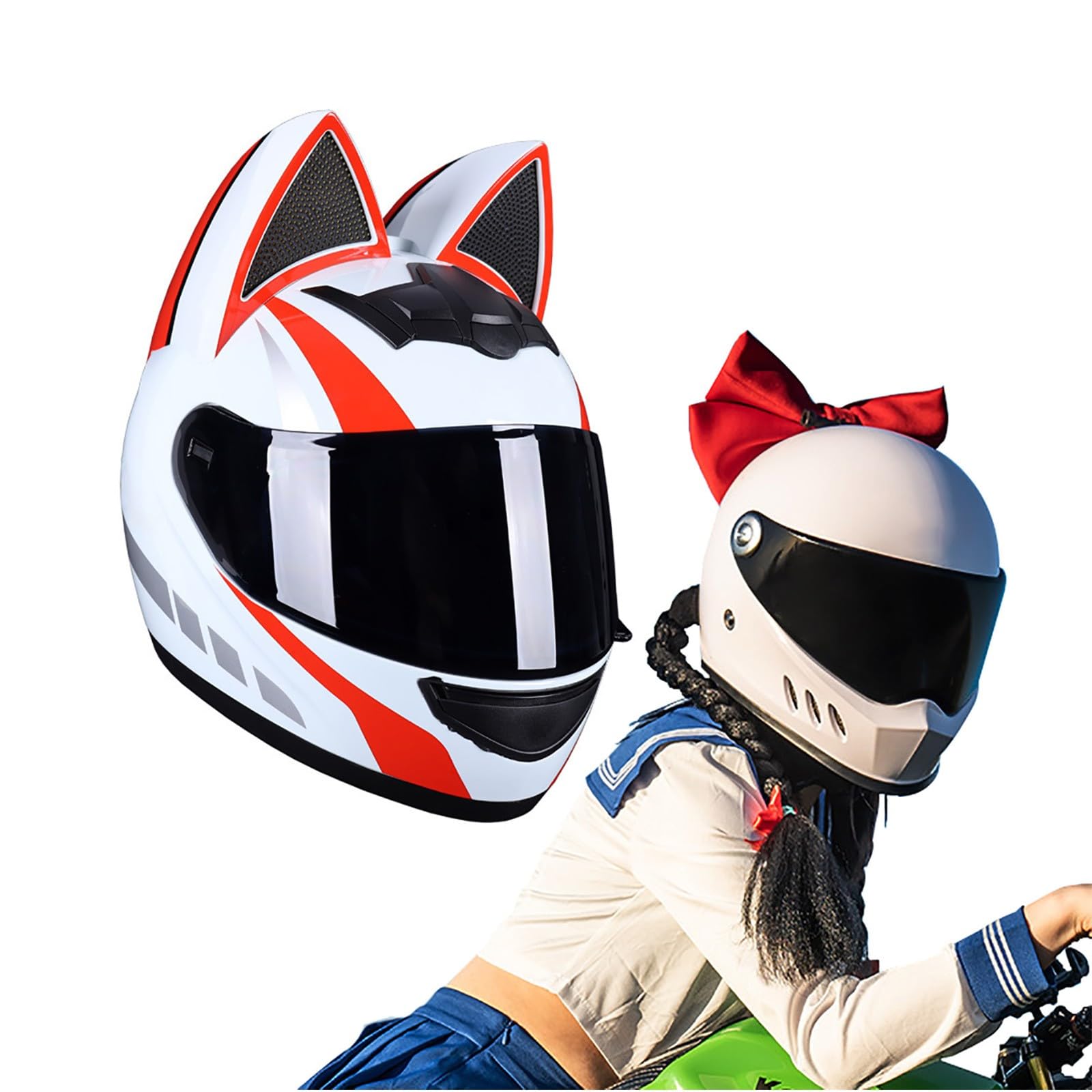 Full Face Motorradhelme mit Katze Ohren ECE Genehmigt Adult Flip up Visiere Motocross Helm Fullface Helm Klapphelm Geschlossenen Katzenohren, für Damen Vollvisierhelm(Color:BC,Size:L(57-59CM)) von Salagt