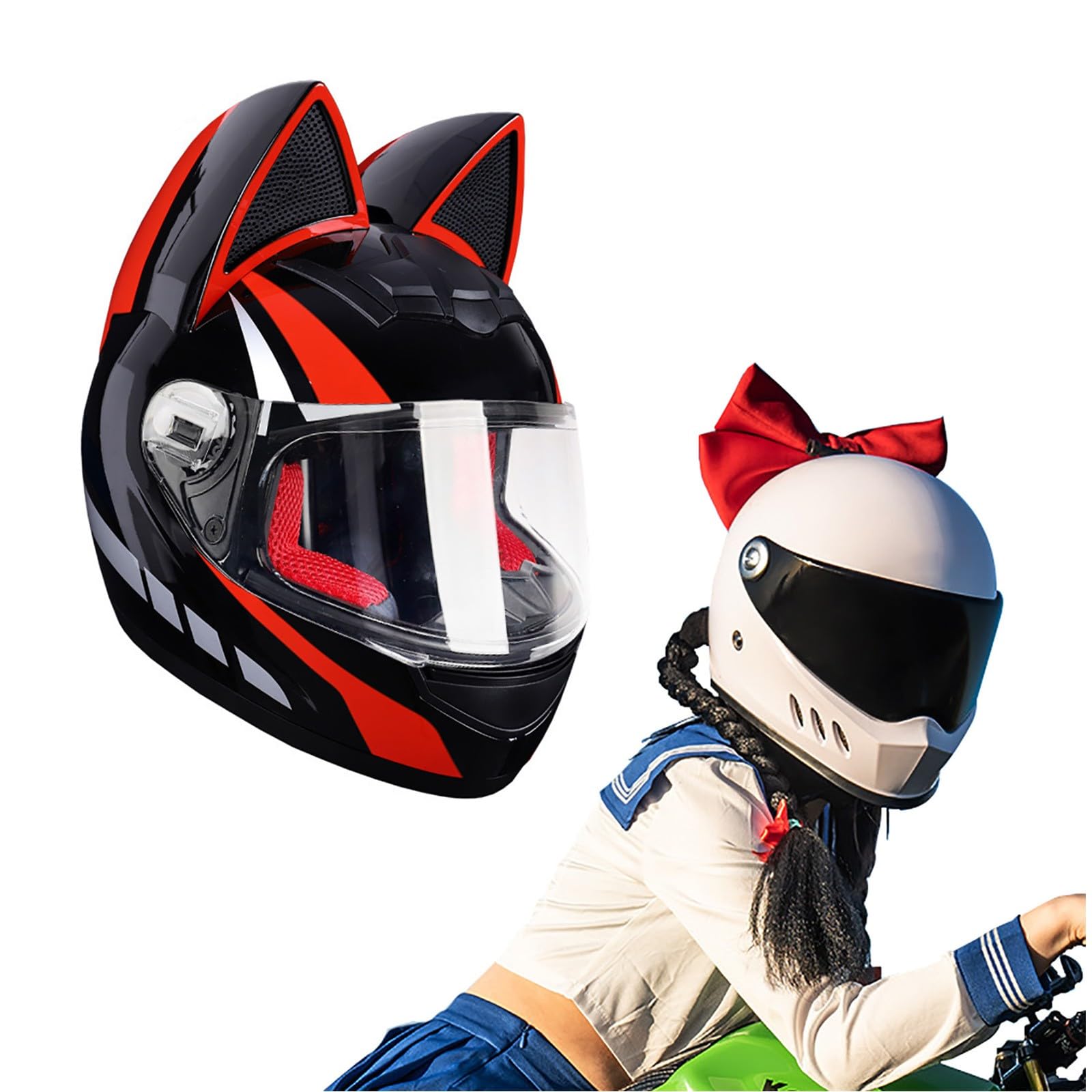 Full Face Motorradhelme mit Katze Ohren ECE Genehmigt Adult Flip up Visiere Motocross Helm Fullface Helm Klapphelm Geschlossenen Katzenohren, für Damen Vollvisierhelm(Color:DD,Size:XL(60-62CM)) von Salagt