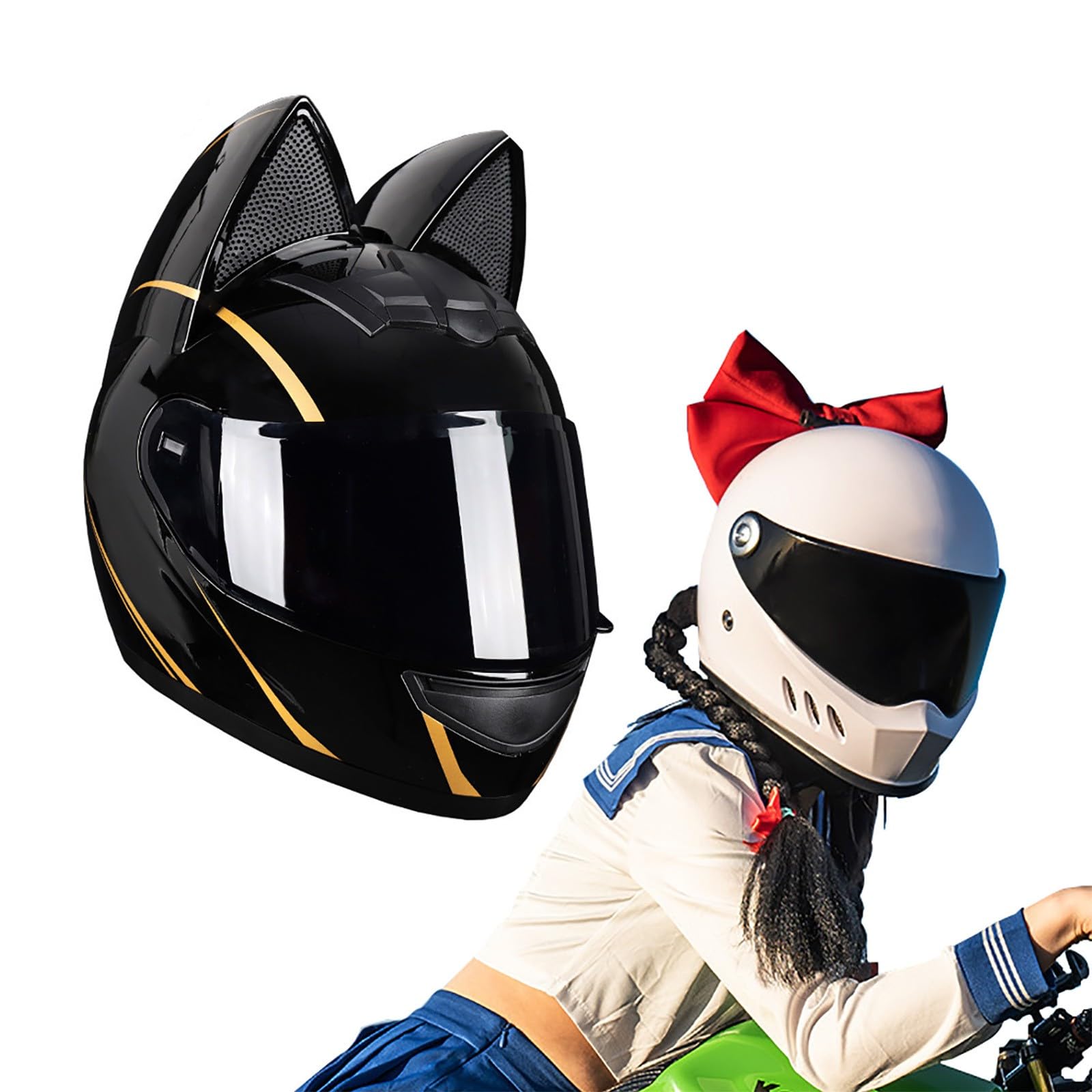 Full Face Motorradhelme mit Katze Ohren ECE Genehmigt Adult Flip up Visiere Motocross Helm Fullface Helm Klapphelm Geschlossenen Katzenohren, für Damen Vollvisierhelm(Color:FF,Size:XL(60-62CM)) von Salagt