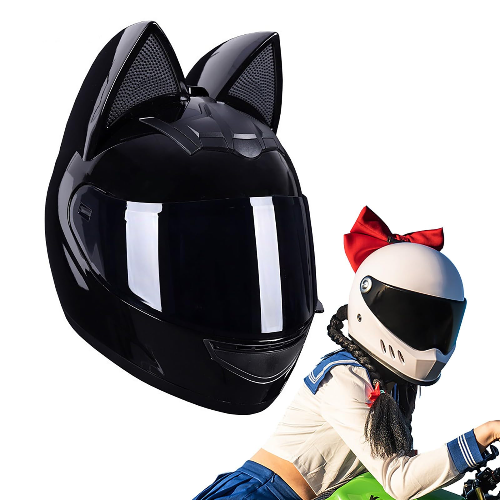 Full Face Motorradhelme mit Katze Ohren ECE Genehmigt Adult Flip up Visiere Motocross Helm Fullface Helm Klapphelm Geschlossenen Katzenohren, für Damen Vollvisierhelm(Color:G,Size:XL(60-62CM)) von Salagt