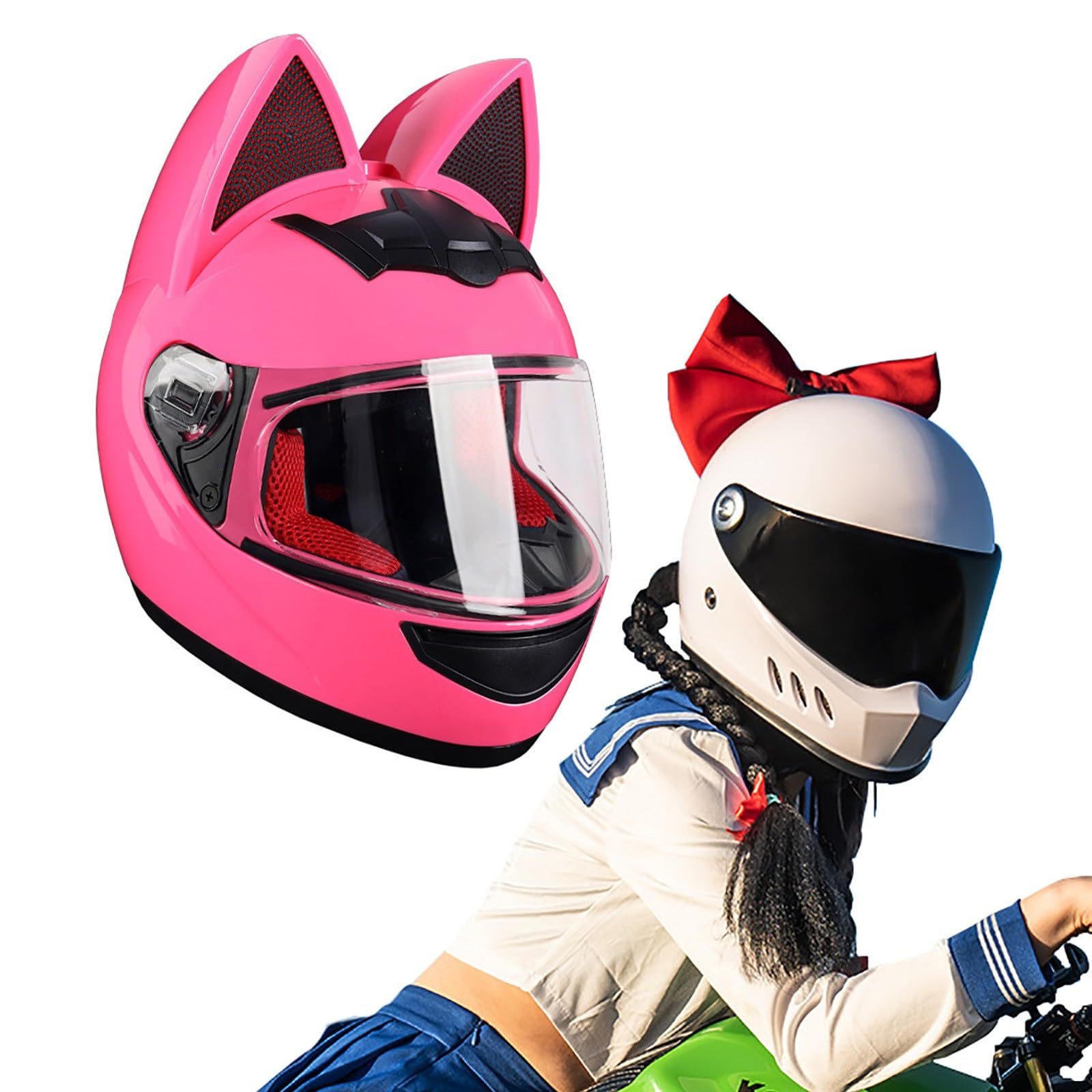 Full Face Motorradhelme mit Katze Ohren ECE Genehmigt Adult Flip up Visiere Motocross Helm Fullface Helm Klapphelm Geschlossenen Katzenohren, für Damen Vollvisierhelm(Color:H,Size:L(57-59CM)) von Salagt