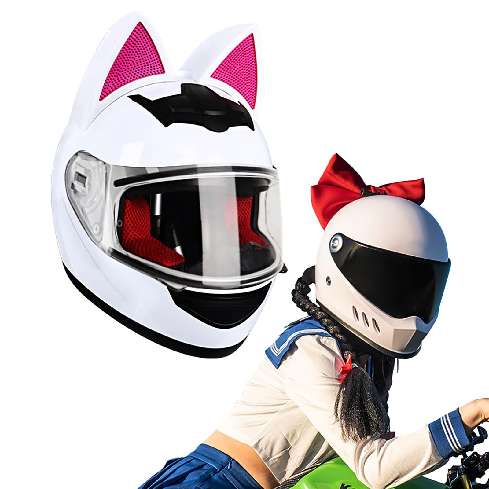 Full Face Motorradhelme mit Katze Ohren ECE Genehmigt Adult Flip up Visiere Motocross Helm Fullface Helm Klapphelm Geschlossenen Katzenohren, für Damen Vollvisierhelm(Color:N,Size:S(50-53CM)) von Salagt