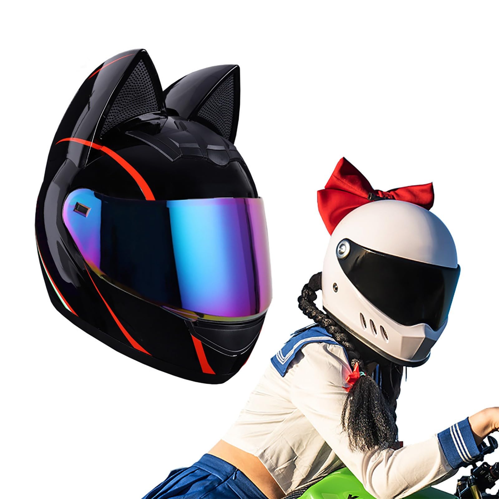 Full Face Motorradhelme mit Katze Ohren ECE Genehmigt Adult Flip up Visiere Motocross Helm Fullface Helm Klapphelm Geschlossenen Katzenohren, für Damen Vollvisierhelm(Color:Z,Size:M(54-56CM)) von Salagt