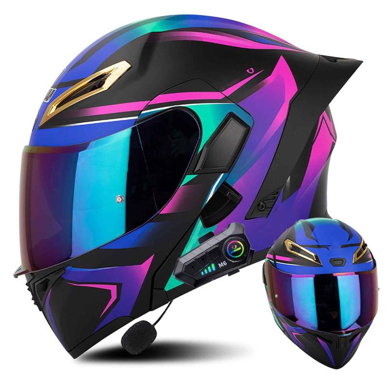 Klapphelm mit Bluetooth Modulare Helm Motorradhelm ECE-geprüfter Erwachsene mit Doppelvisier, Lautsprechermikrofon Geräuschunterdrückung Multifunktional Bluetooth Damen und Herren(Color:BA,Size:L(5 von Salagt