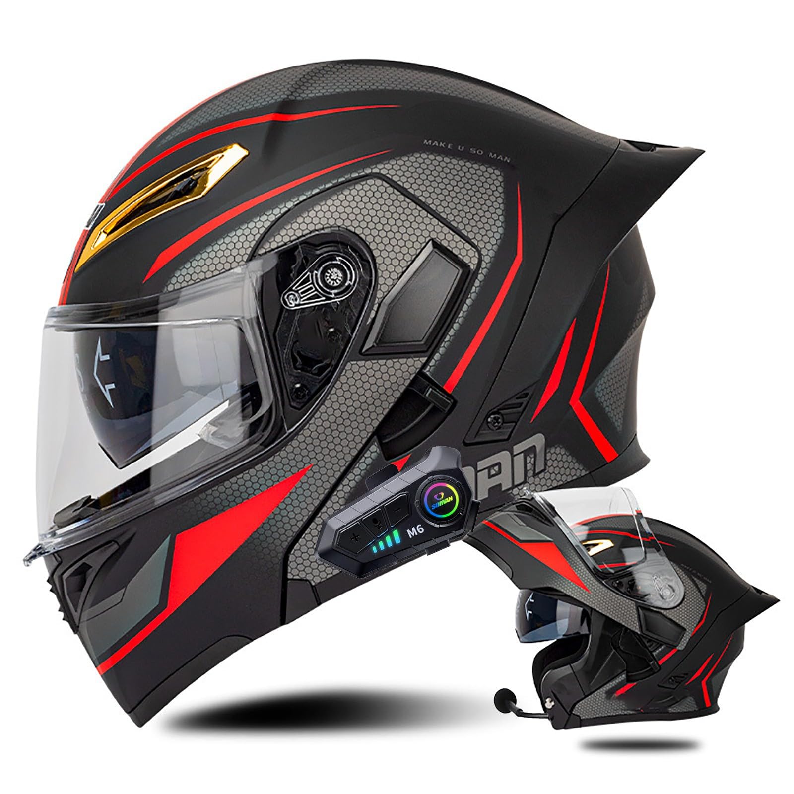 Klapphelm mit Bluetooth Modulare Helm Motorradhelm ECE-geprüfter Erwachsene mit Doppelvisier, Lautsprechermikrofon Geräuschunterdrückung Multifunktional Bluetooth Damen und Herren(Color:K,Size:L(59 von Salagt